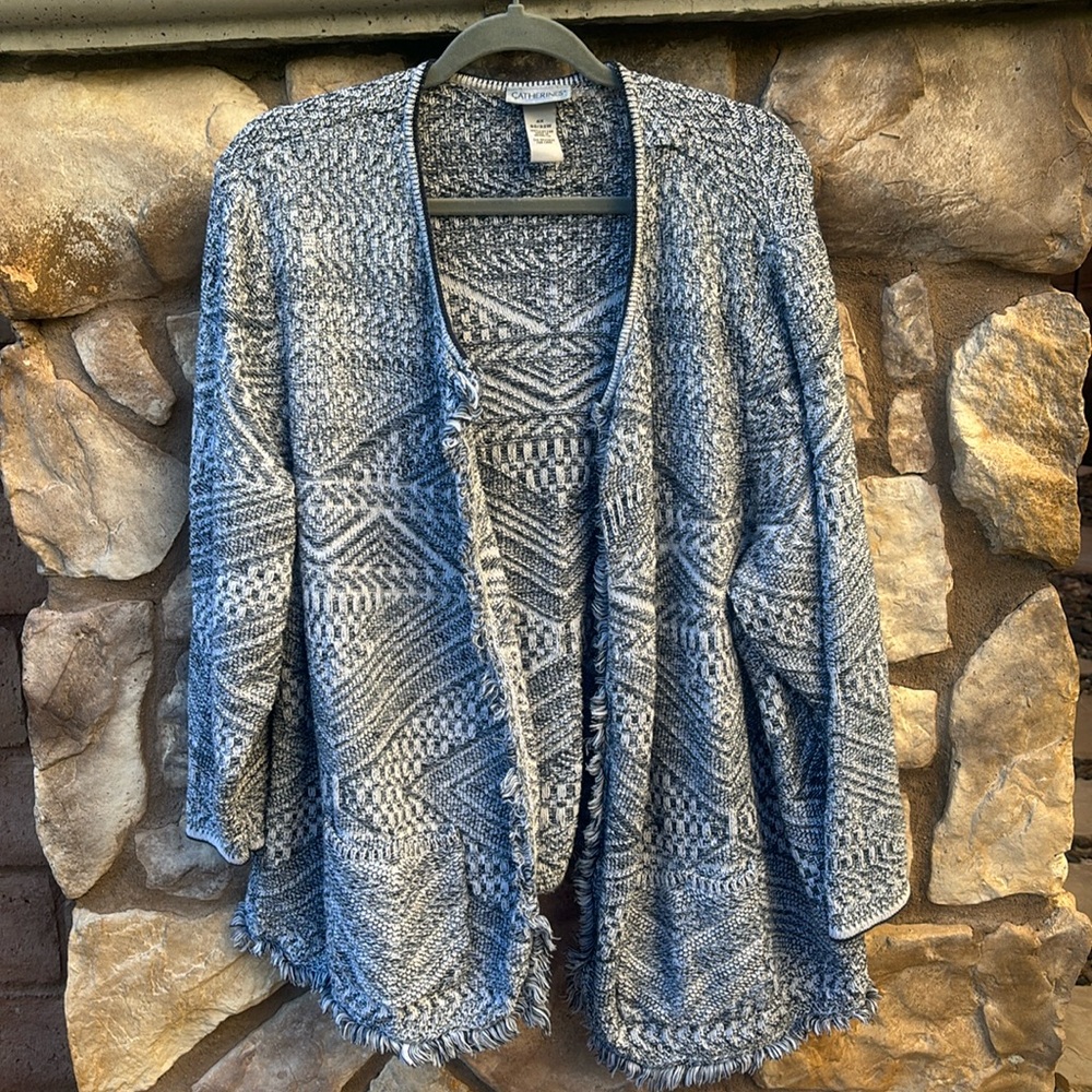 Catherines Open Front Cardigan Plus Size 4X Fringe Aztec Blue 3/4 Sleeve